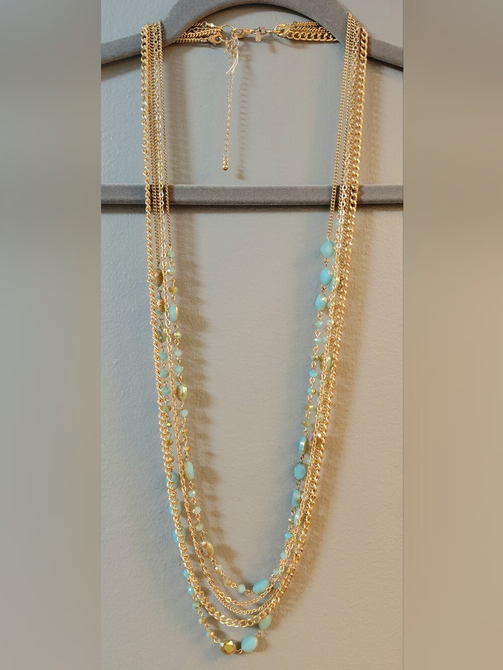 Gold Multi-Strand Necklace with Aqua Beads